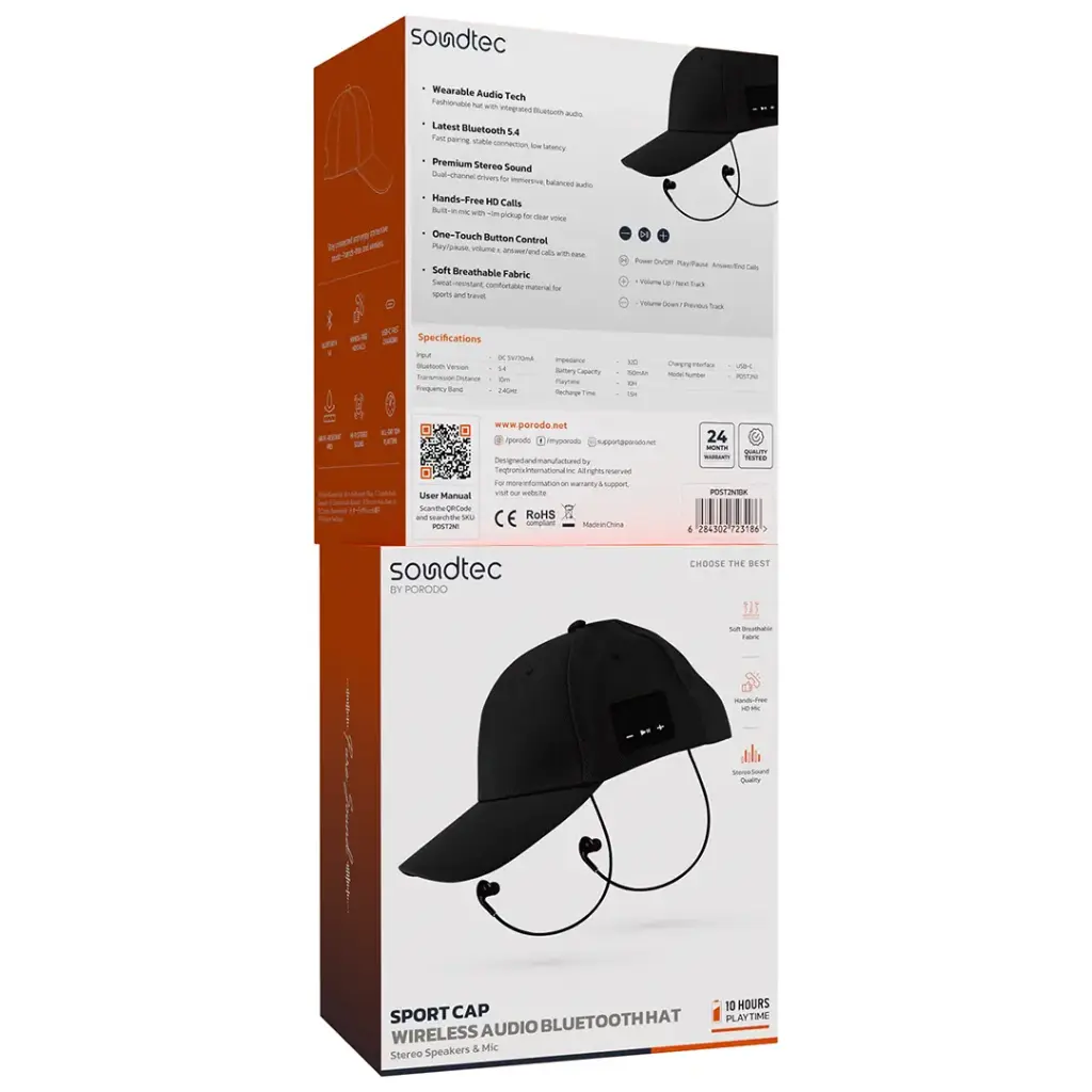 Porodo Soundtec Wireless Audio Bluetooth Hat with Stereo Speakers & Mic2.webp