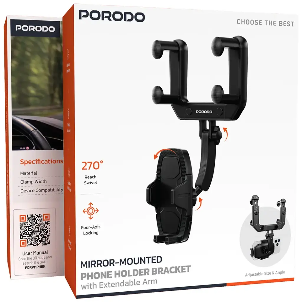 Porodo Mirror-Mounted Phone Holder Bracket with Extendable Arm - Black3.webp