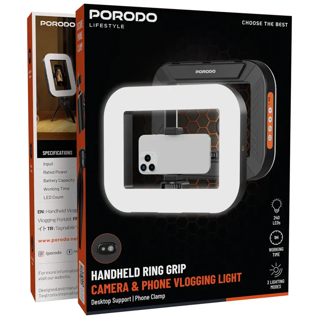 Porodo Lifestyle Handheld Ring Grip Camera & phone vlogging light with Desktop support & Phone clamp - Black9.webp