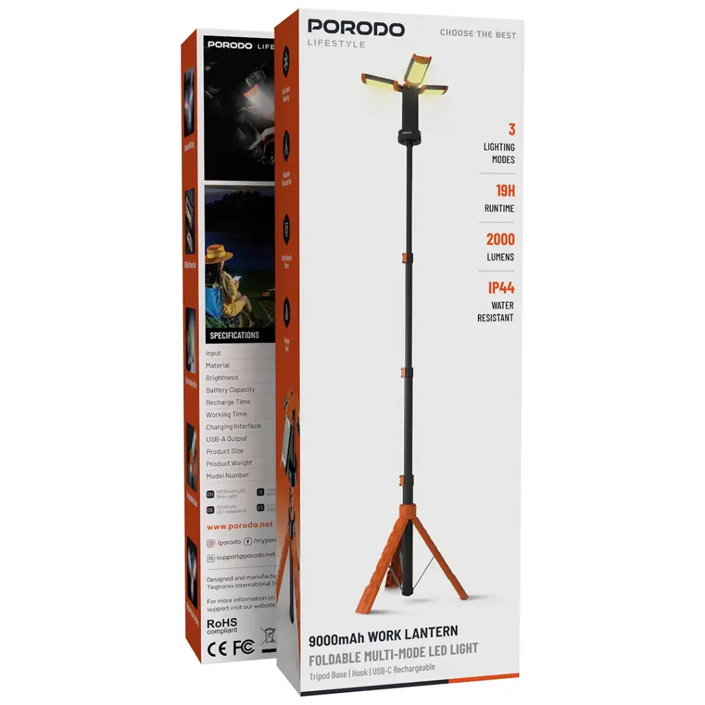 Porodo Lifestyle 9000mAh Work Lantern Foldable Multi-Mode LED Light with Tripod Base & Hook - Orange.webp