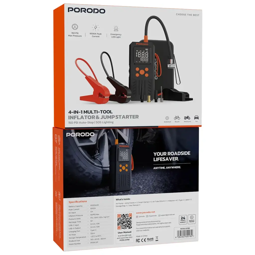 Porodo 4-In-1 Multi-Tool Inflator & Jump Starter with 150PSI Auto-Stop & SOS Lighting - Black.webp