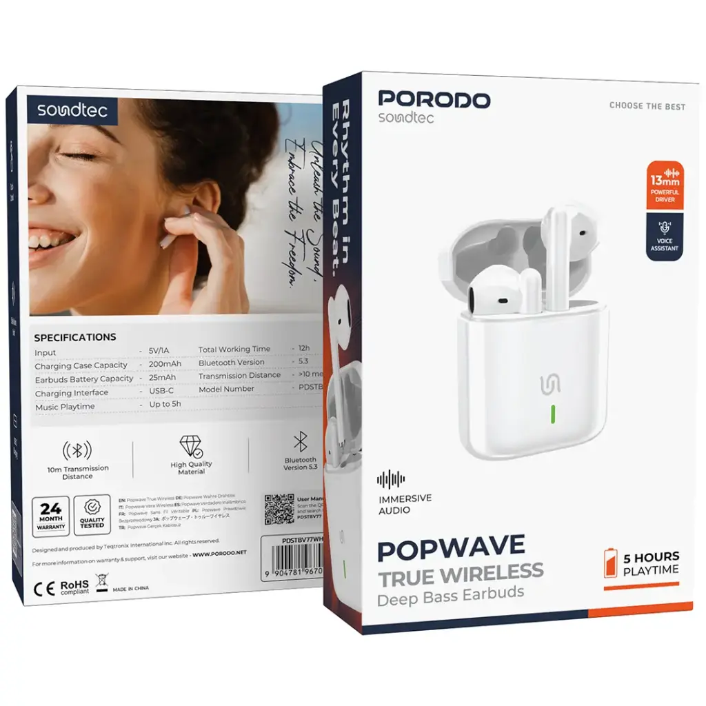 Porodo Soundtec Popwave True Wireless Deep Bass Earbuds - White.webp