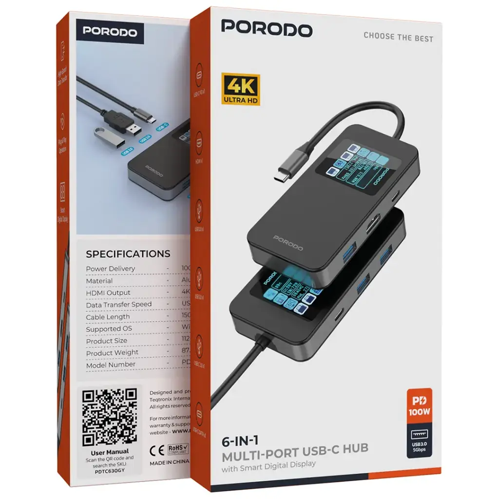 Porodo 6-In-1 Multi-Port USB-C Hub with Smart Digital Display - Gray.webp