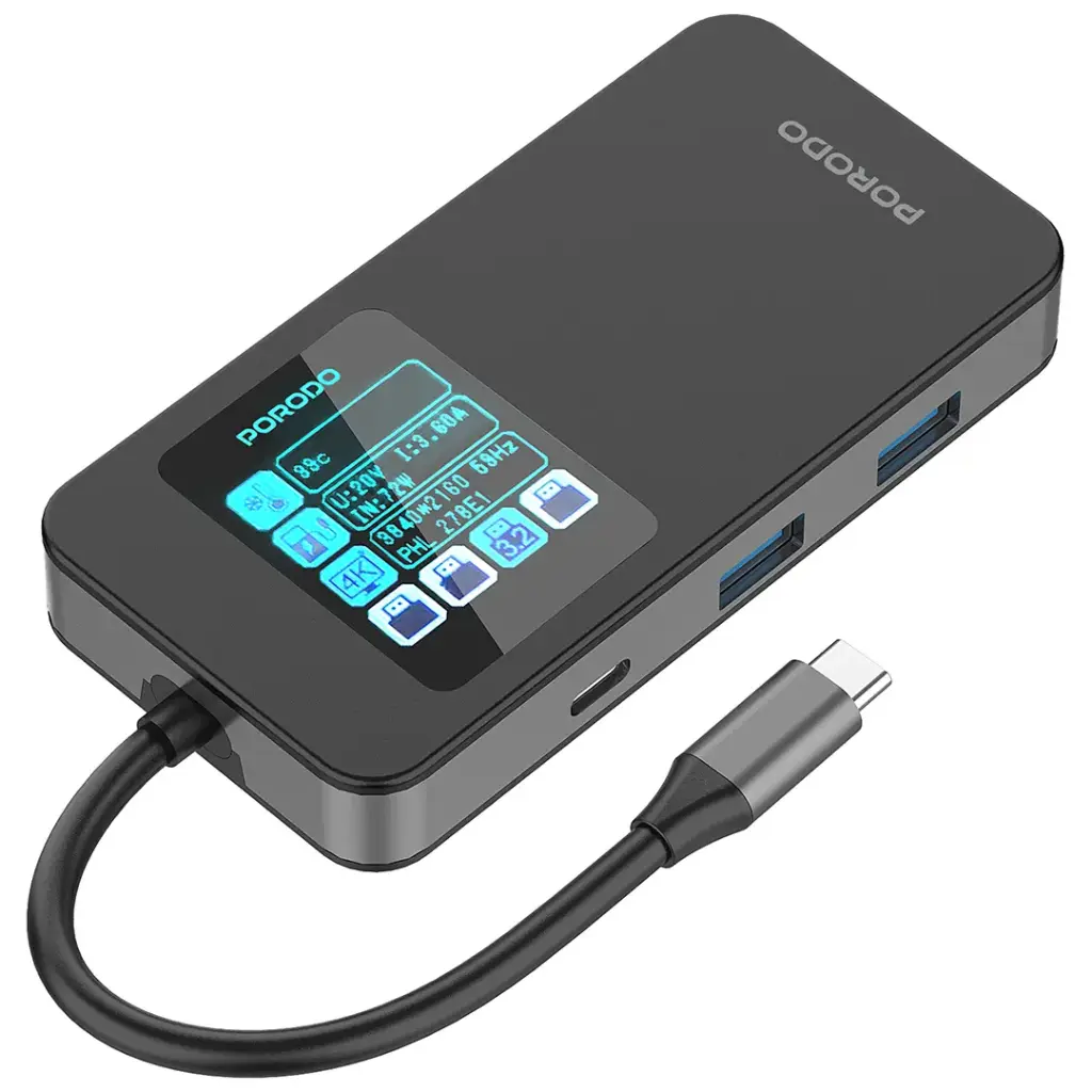 Porodo 6-In-1 Multi-Port USB-C Hub with Smart Digital Display - Gray5.webp