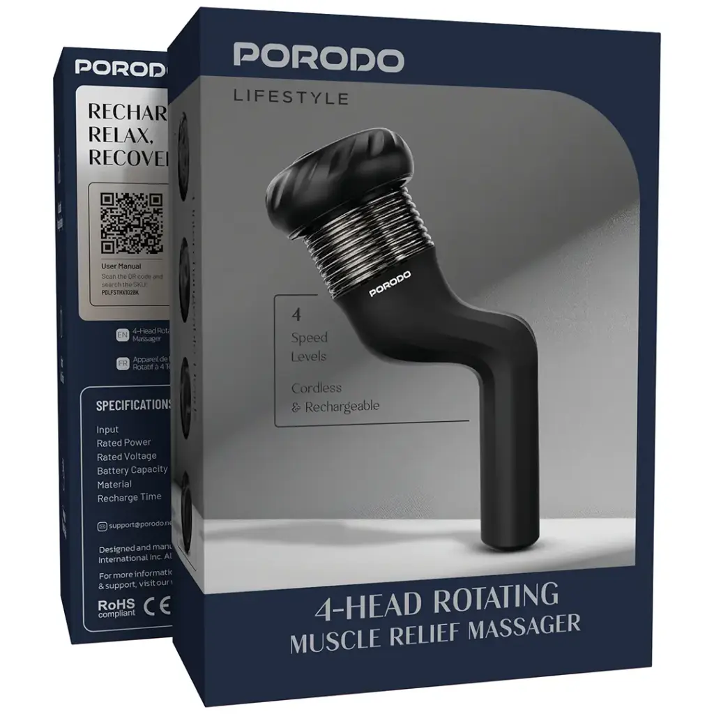 Porodo Lifestyle 4-Head Rotating Muscle Relief Massager - Black5.webp