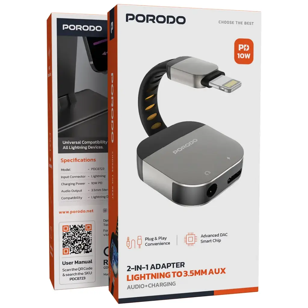 Porodo 2-In-1 Adapter Lightning To 3.5mm Aux Audio + Charging - Grey3.webp