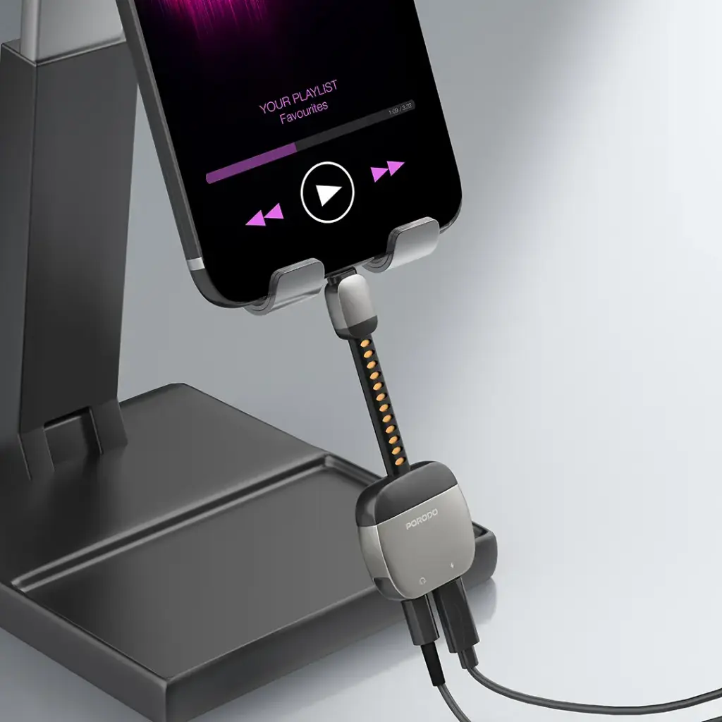 Porodo 2-In-1 Adapter Lightning To 3.5mm Aux Audio + Charging - Grey.webp