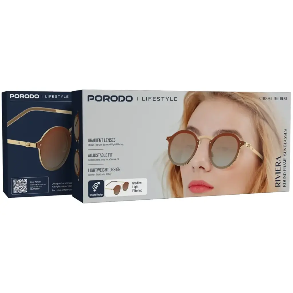 Porodo Lifestyle Riviera Round Frame Sunglasses - Gold.webp