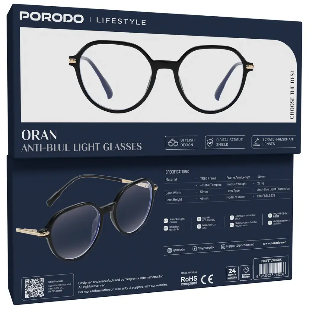 Porodo Lifestyle Oran Anti-Blue Light Glasses - Black.webp