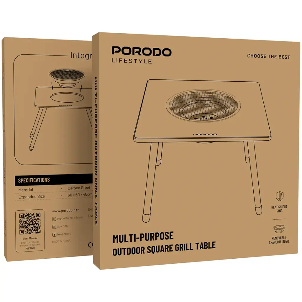 Porodo Lifestyle Multi-Purpose Outdoor Square Grill Table - Brown.webp