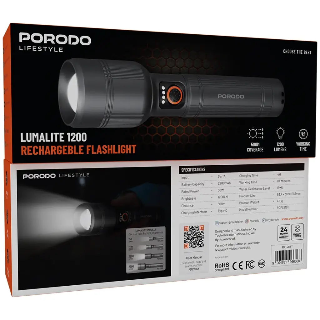 Porodo Lifestyle Lumalite 1200 Rechargeable Flashlight - Gray2.webp