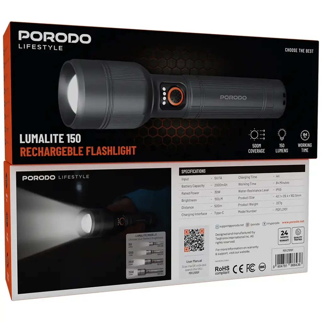 Porodo Lifestyle Lumalite 150 Rechargeable Flashlight - Gray7.webp