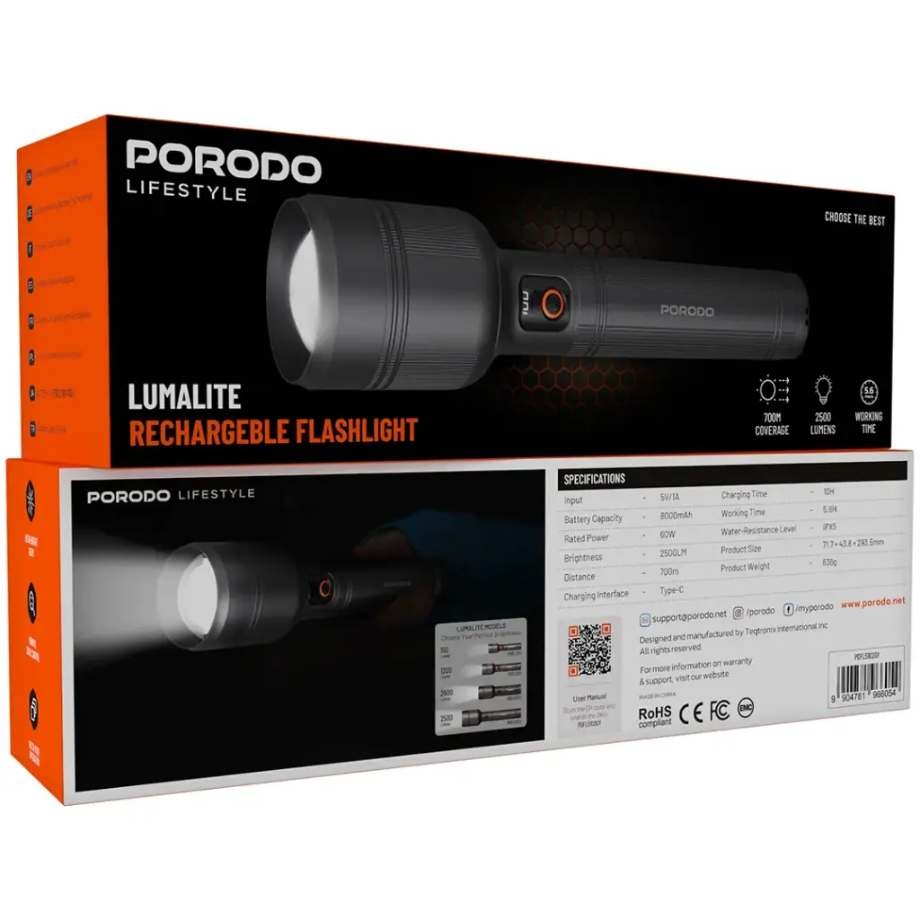 Porodo Lifestyle Lumalite 2500 Rechargeable Flashlight - Grey8.webp