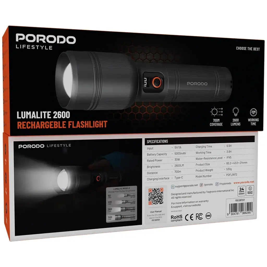 Porodo Lifestyle Lumalite 2600 Rechargeable Flashlight - Grey8.webp