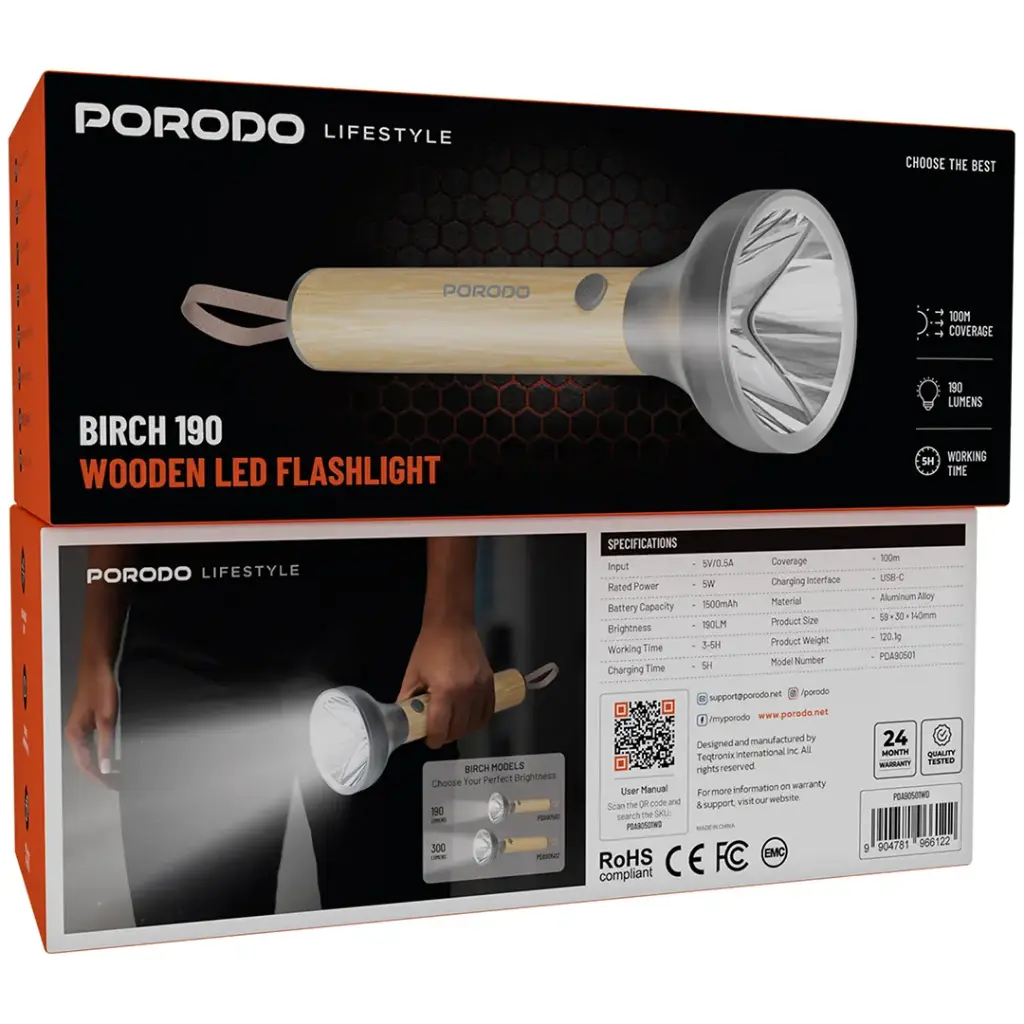 Porodo Lifestyle Birch 190 Wooden LED Flashlight - Wooden4.webp