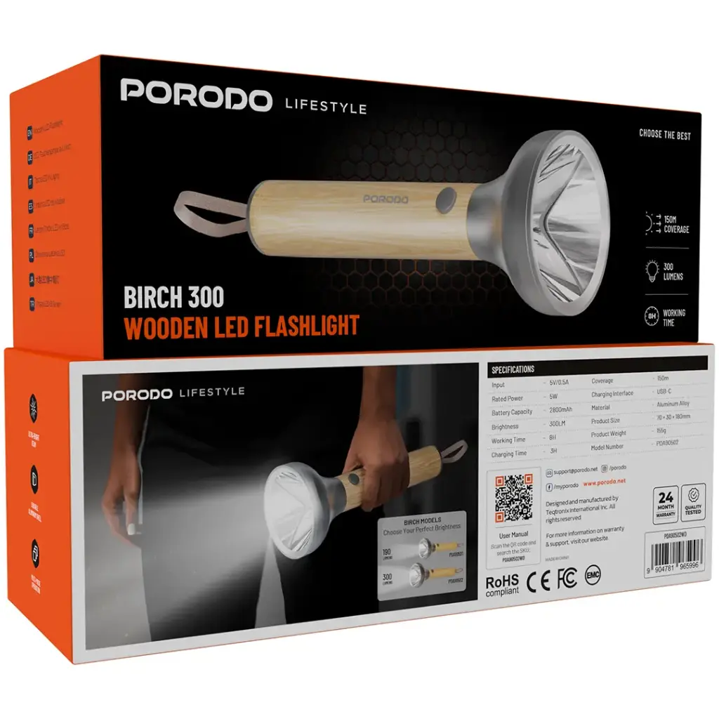 Porodo Lifestyle Birch 300 Wooden LED Flashlight - Wooden.webp