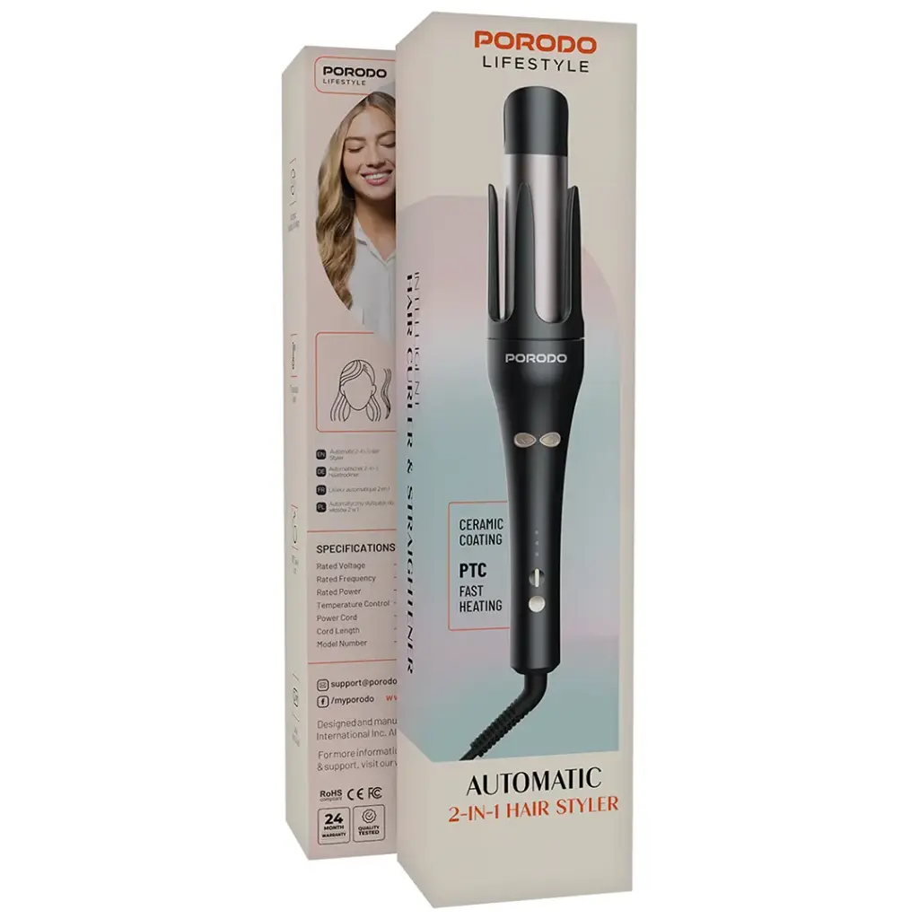 Porodo Lifestyle Automatic 2-In-1 Hair Styler - Black.webp