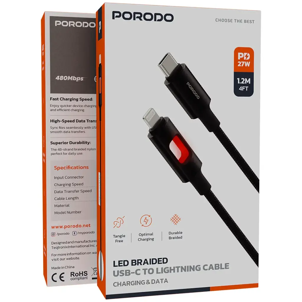 Porodo LED Braided USB-C to Lightning Charging & Data Cable - Black.webp