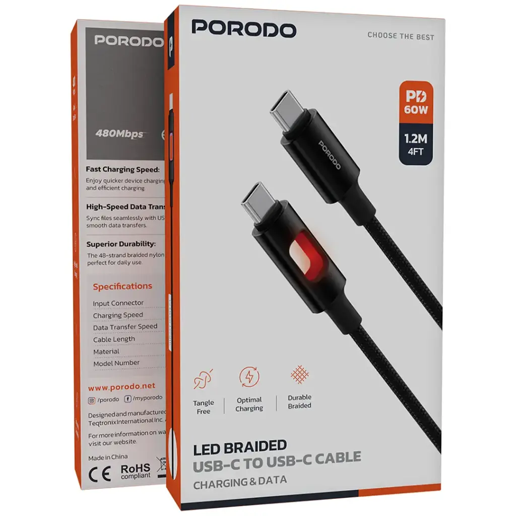 Porodo LED Braided USB-C to USB-C Charging & Data Cable - Black.webp