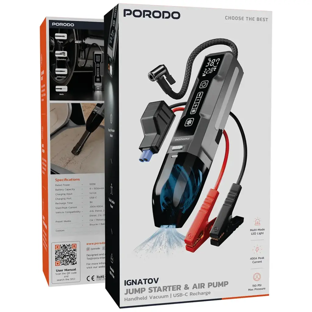 Porodo Ignatov Jump Starter & Air Pump with Handheld Vacuum & USB-C Recharge - Black7.webp