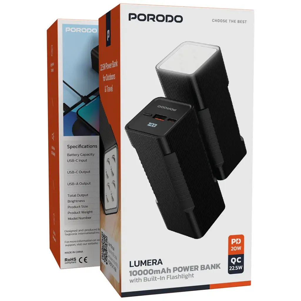 Porodo Lumera 10000mAh Power Bank with Built-In Flashlight - Black7.webp