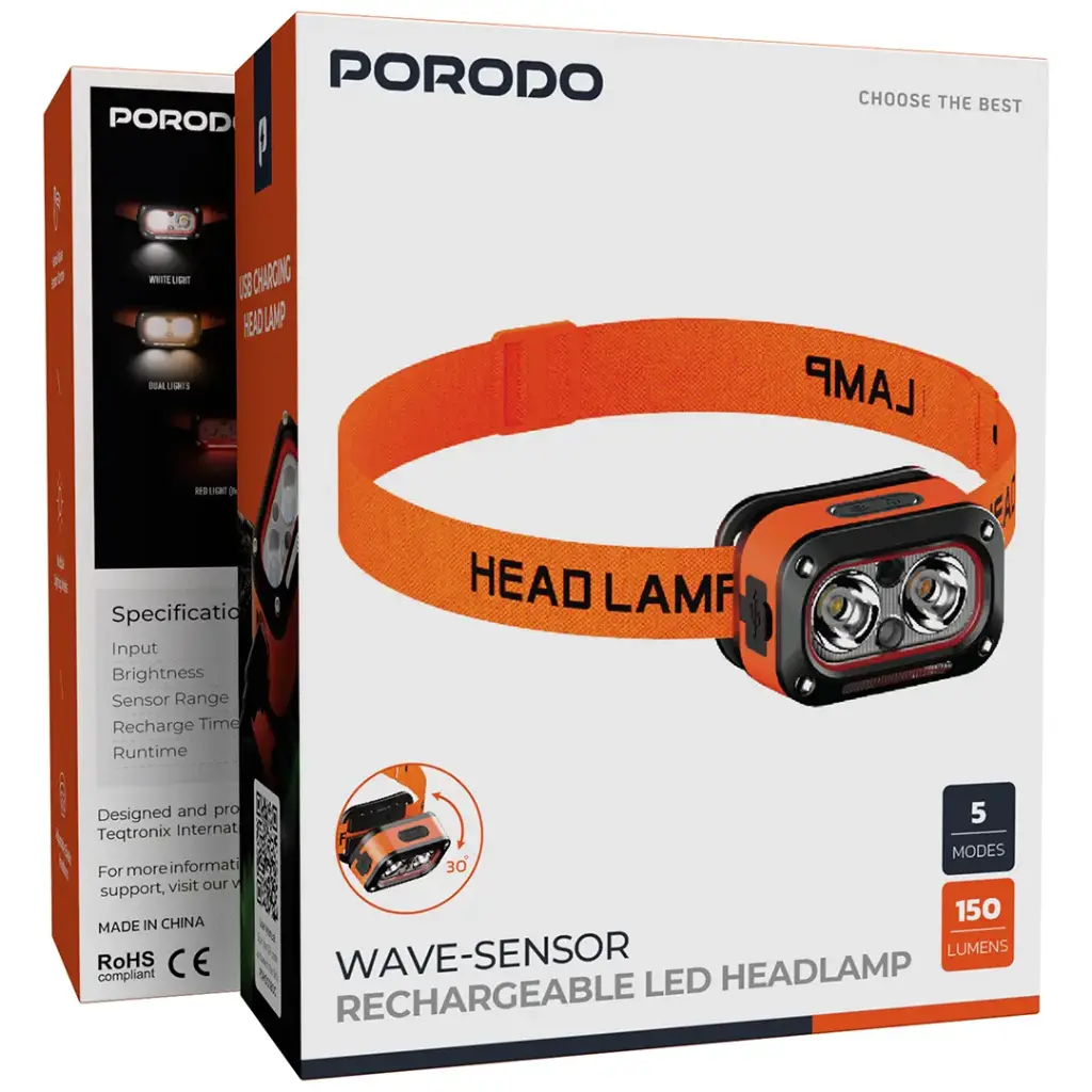 Porodo Wave-Sensor Rechargeable LED Headlamp - Orange5.webp