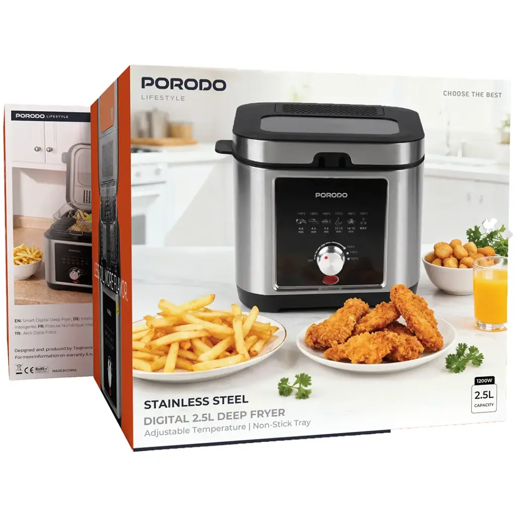 Porodo Lifestyle Stainless Steel 2.5L Deep Fryer with Adjustable Temperature & Non-Stick Tray - Silver.webp