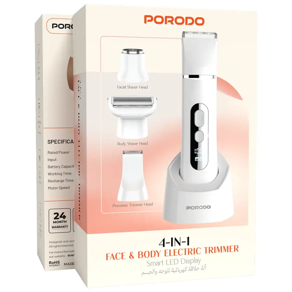 Porodo 4-In-1 Face & Body Electric Trimmer with Smart LED Display - White2.webp