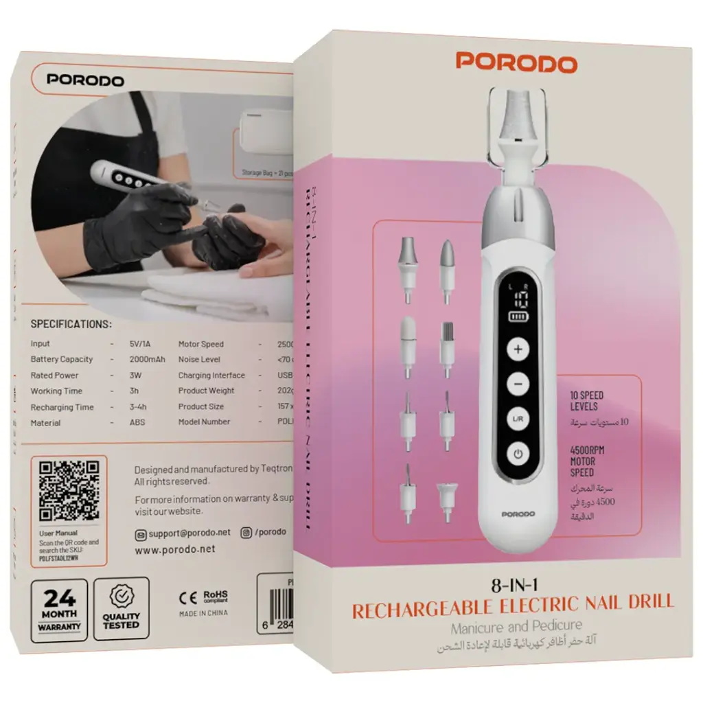 Porodo 8-In-1 Rechargeable Electric Nail Drill with Manicure and Pedicure - White.webp