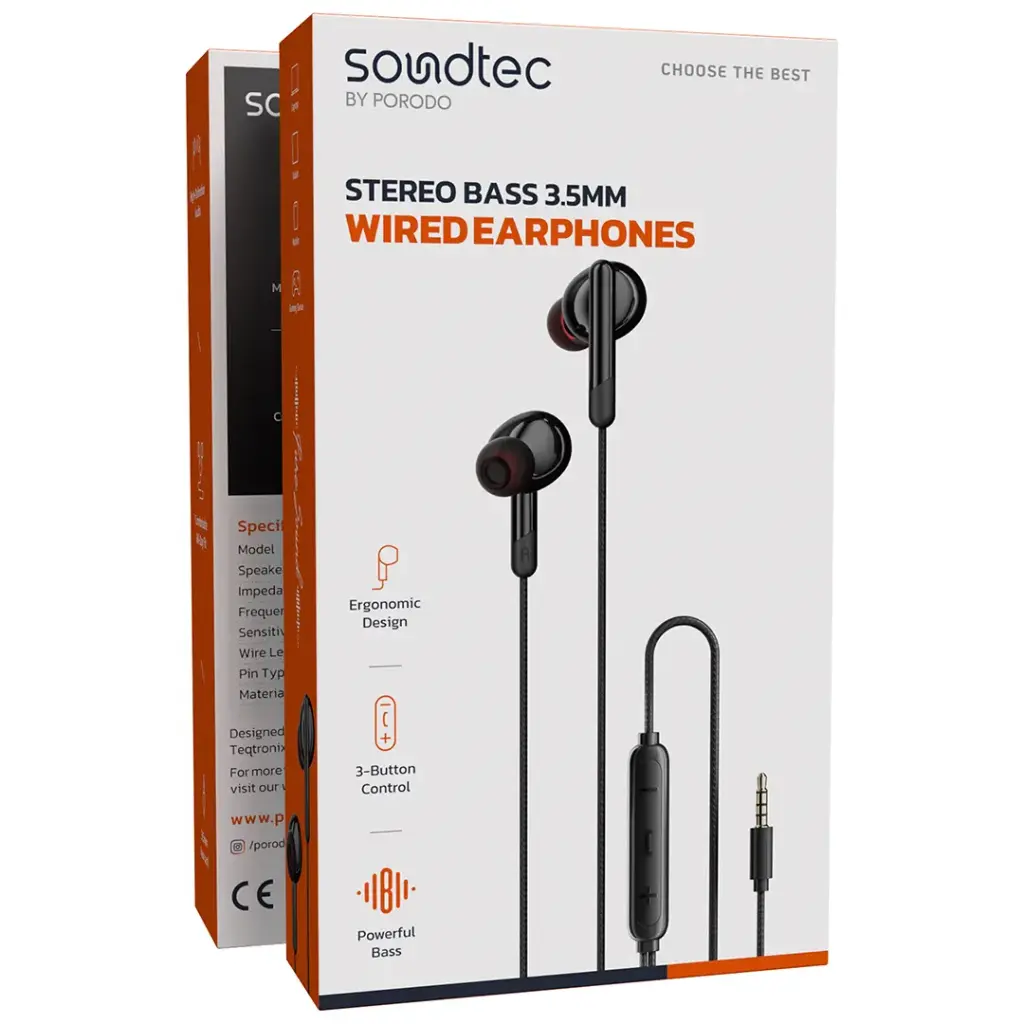 Porodo Soundtec Stereo Bass 3.5mm Wired Earphones - Black.webp
