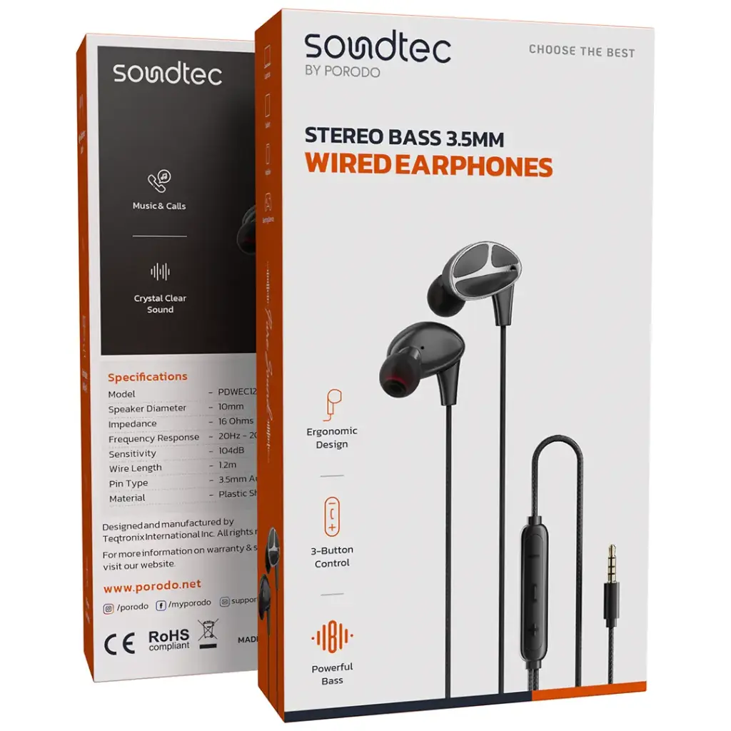 Porodo Soundtec Stereo Bass 3.5mm Wired Earphones - Black3.webp
