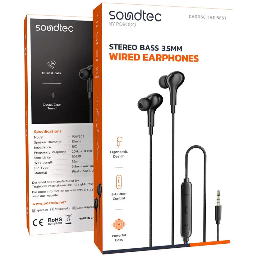Porodo Soundtec Stereo Bass 3.5mm Wired Earphones - Black.webp