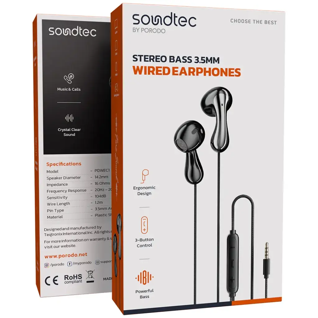 Porodo Soundtec Stereo Bass 3.5mm Wired Earphones - Black3.webp