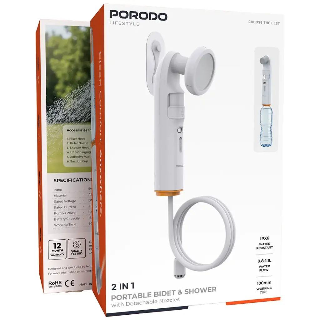Porodo Lifestyle 2-In-1 Portable Bidet & Shower with Detachable Nozzles - White.webp