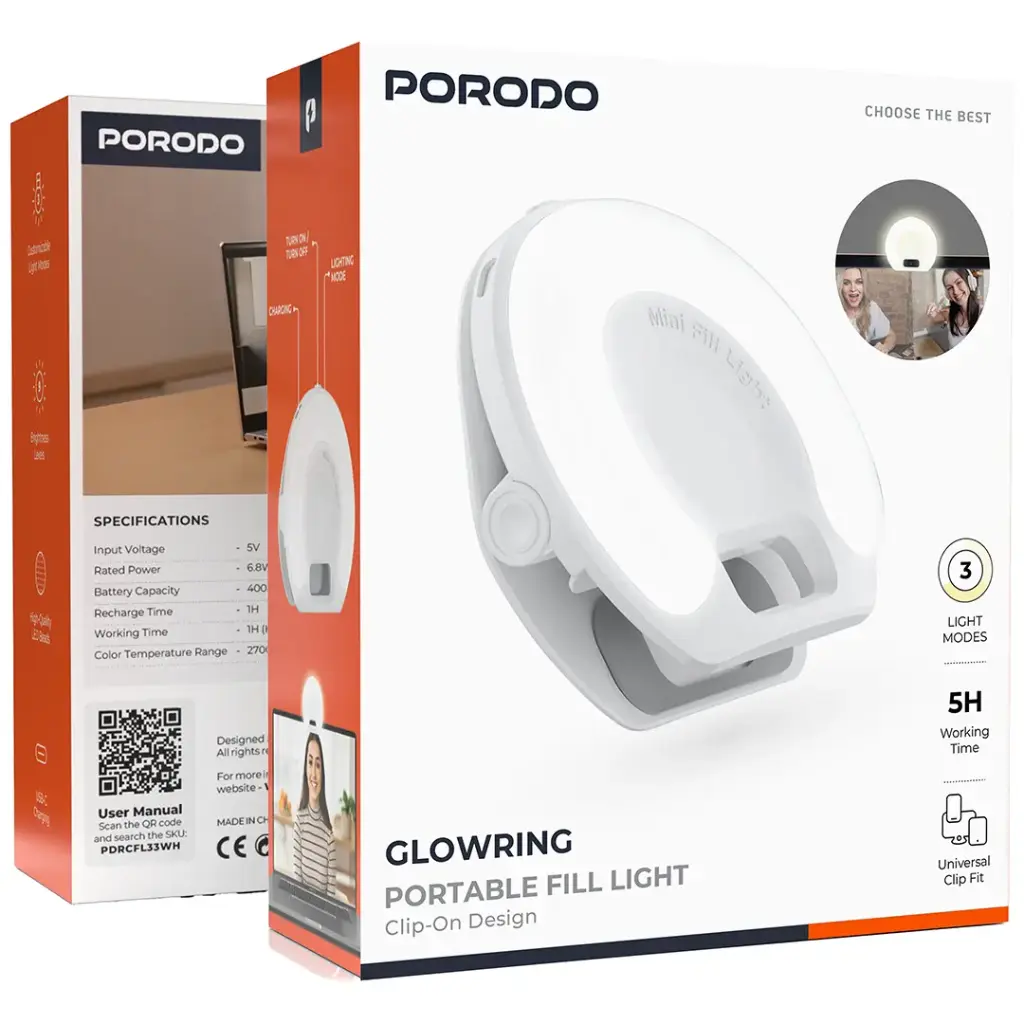Porodo Glowring Portable Fill Light Clip-On Design - White.webp