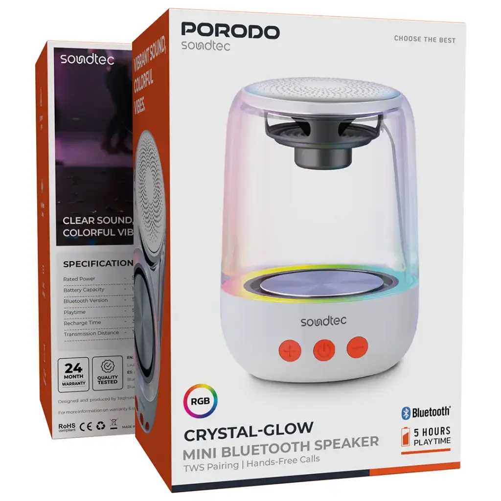 Porodo Soundtec Crystal-Glow Mini Bluetooth Speaker with TWS Pairing & Hands-Free Calls - White5.webp
