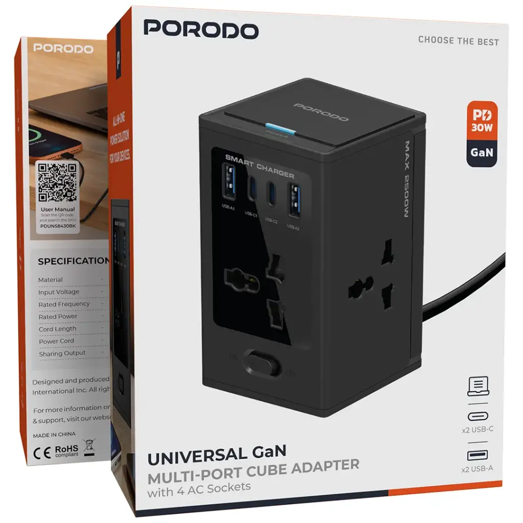 Porodo Universal GaN Multi-Port Cube Adapter with 4 AC Sockets - Black5.webp
