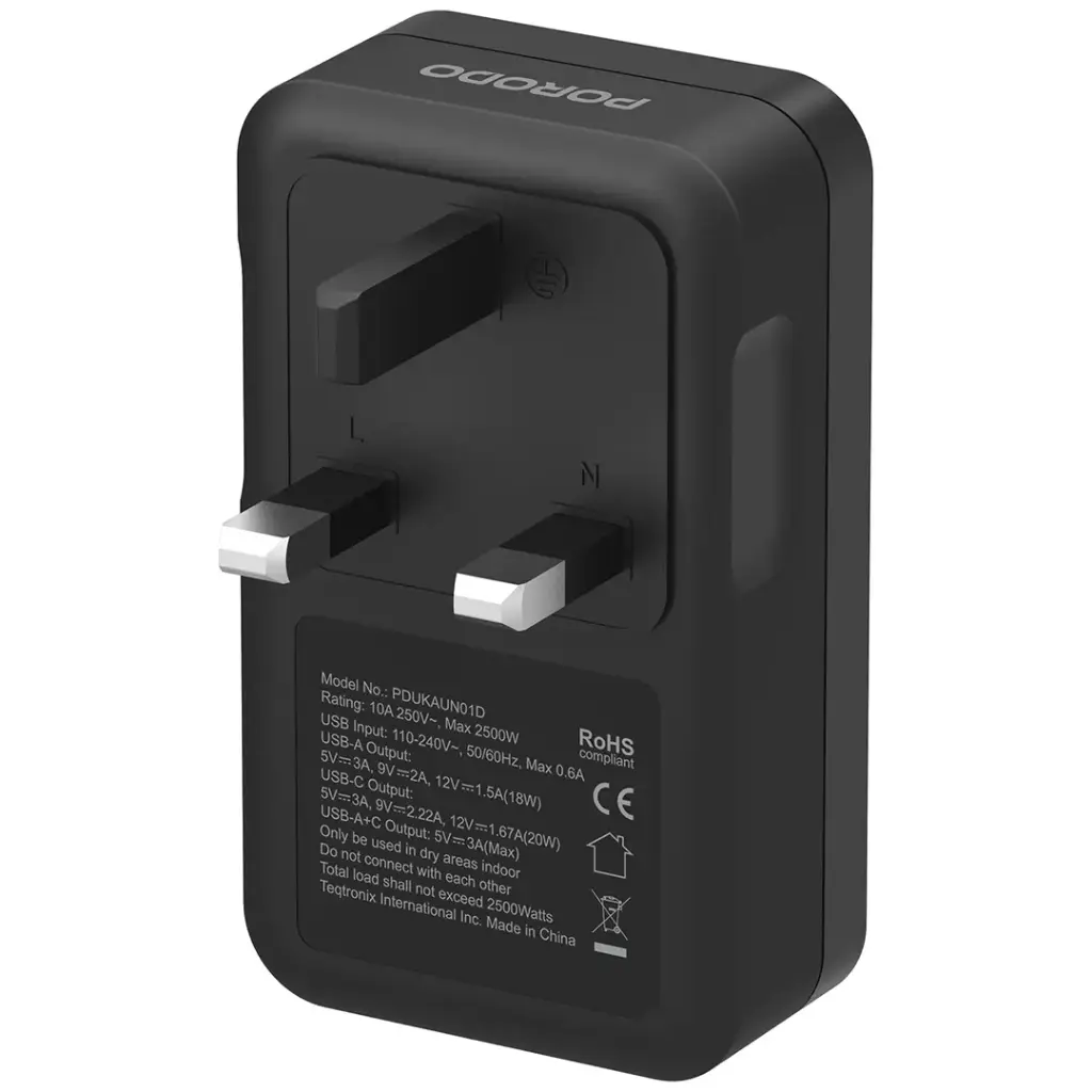 Porodo Velocitas Universal AC Wall Socket - Black.webp