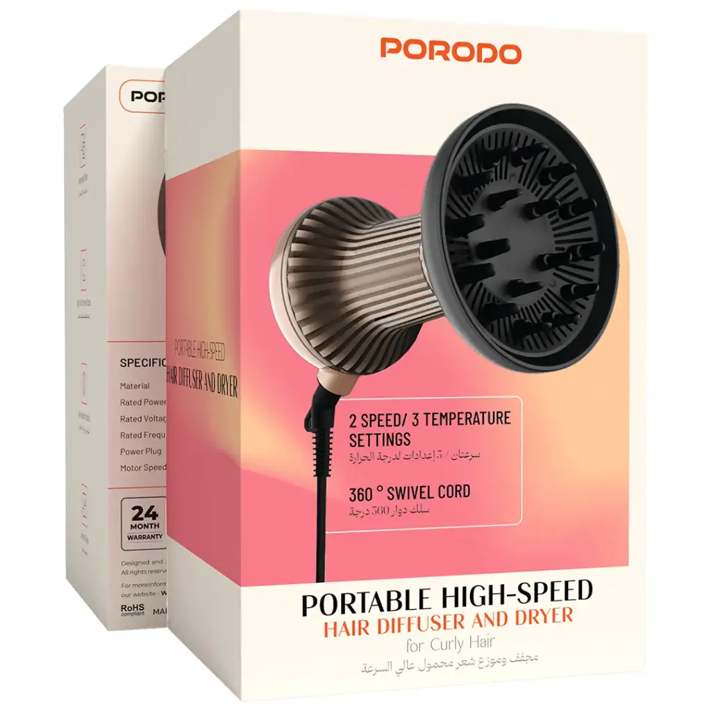 Porodo Portable High-Speed Hair Diffuser and Dryer for Curly Hair - Black & Gold.webp