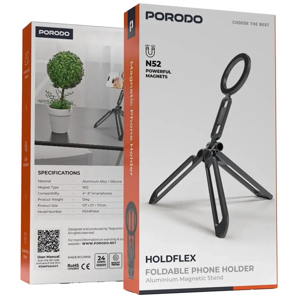 Porodo Holdflex Foldable Phone Holder with Aluminum Magnetic Stand - Gray.webp