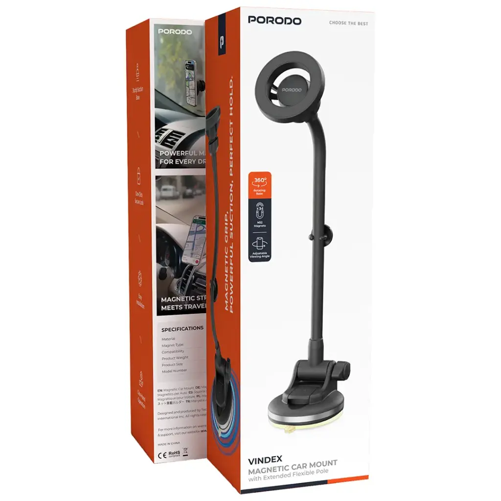 Porodo Vindex Magnetic Car Mount with Extended Flexible Pole - Black.webp