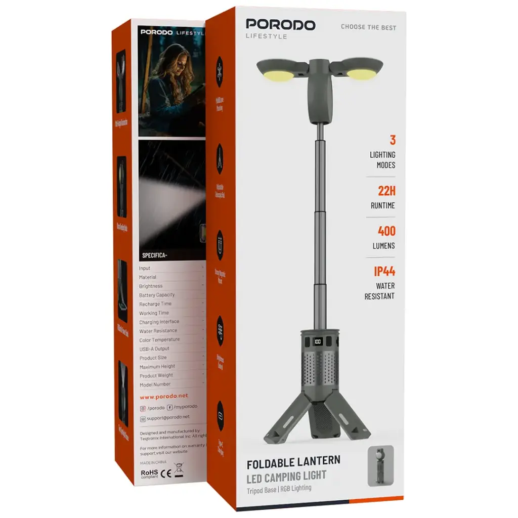 Porodo Lifestyle Foldable Lantern LED Camping Light with Tripod Base & RGB Lighting - Green.webp