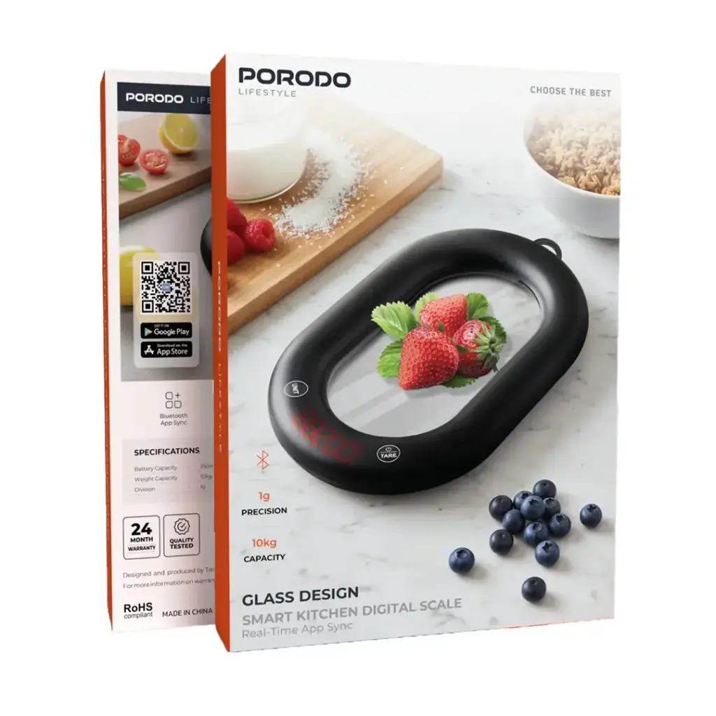 Porodo Lifestyle Glass Design Smart Kitchen Digital Scale with Real-Time App Sync - Black.webp