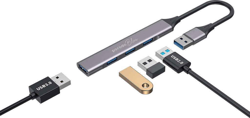 Porodo Blue 4 in1 USB-A Hub to 1 x USB-A 3.0 5Gbps and 3 x USB- A 2.0 480Mbps