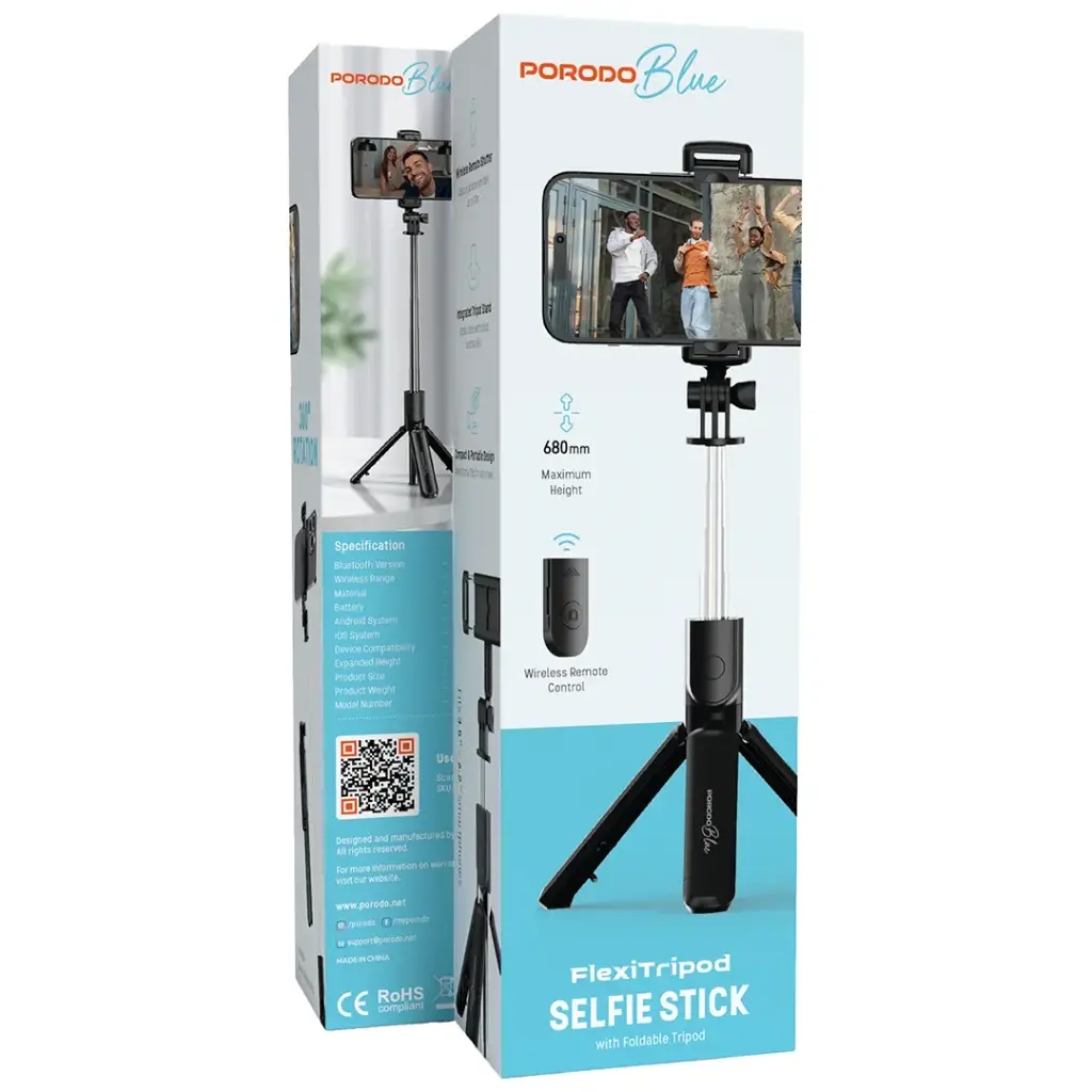 Porodo Blue FlexiTripod Selfie Stick With Foldable Tripod - Black11.webp