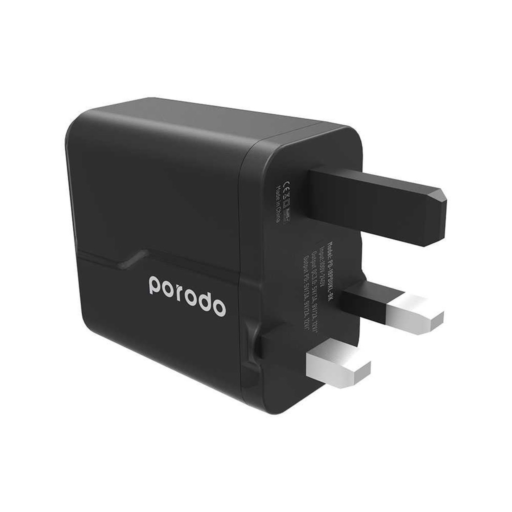 Porodo Dual Port Wall Charger PD 20W + QC3.0 UK with Braided Type-C to Lightning PD Cable 1.2m - Black