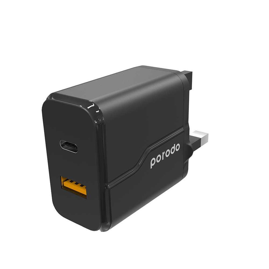 Porodo Dual Port Wall Charger PD 20W + QC3.0 UK - Black