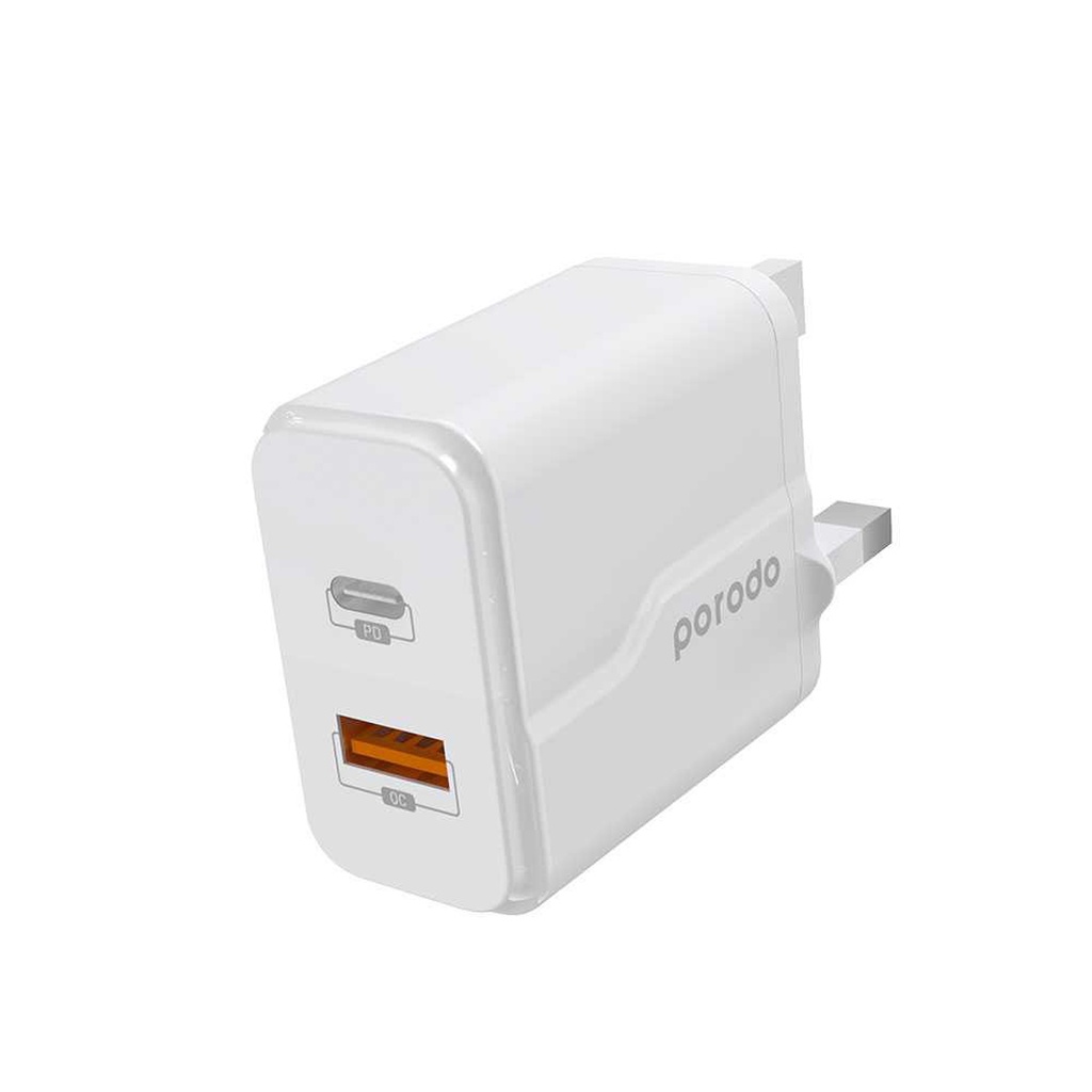 Porodo Dual Port Wall Charger PD 18W + QC3.0 UK with Braided Type-C to Lightning PD Cable 1.2m - White