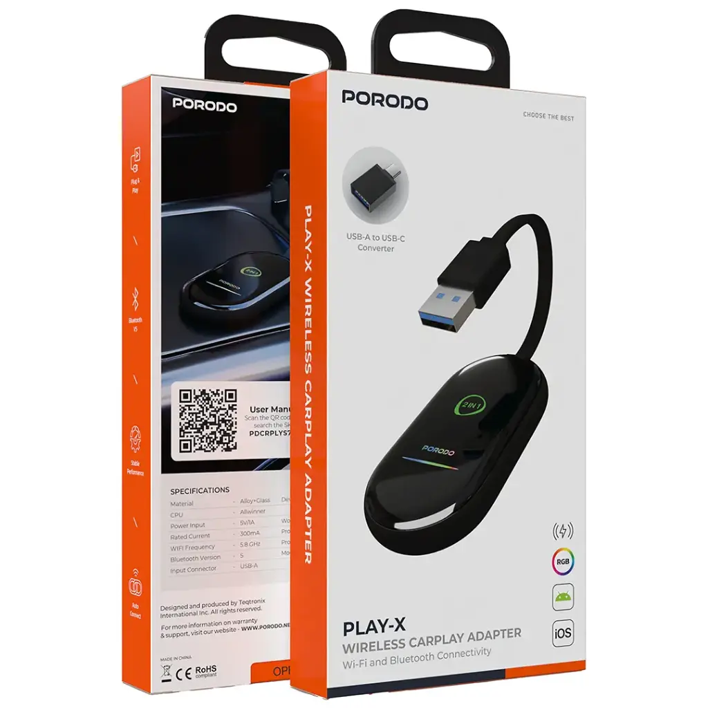 Porodo Play-X Wireless Carplay Adapter with Wi-Fi and Bluetooth Connectivity - Black4.webp