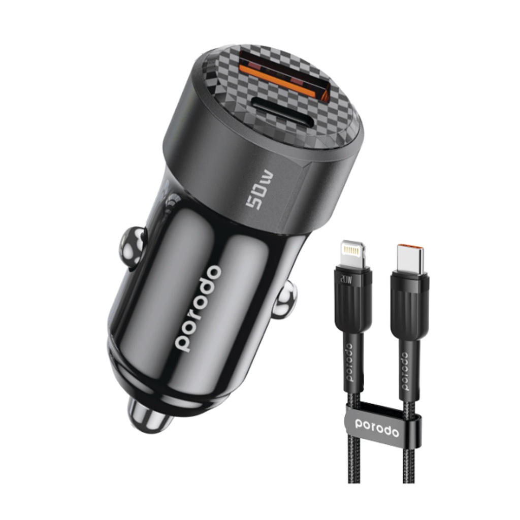 Porodo 50W Dual Port Car Charger PD 20W QC 30W with C to L Cable - Black